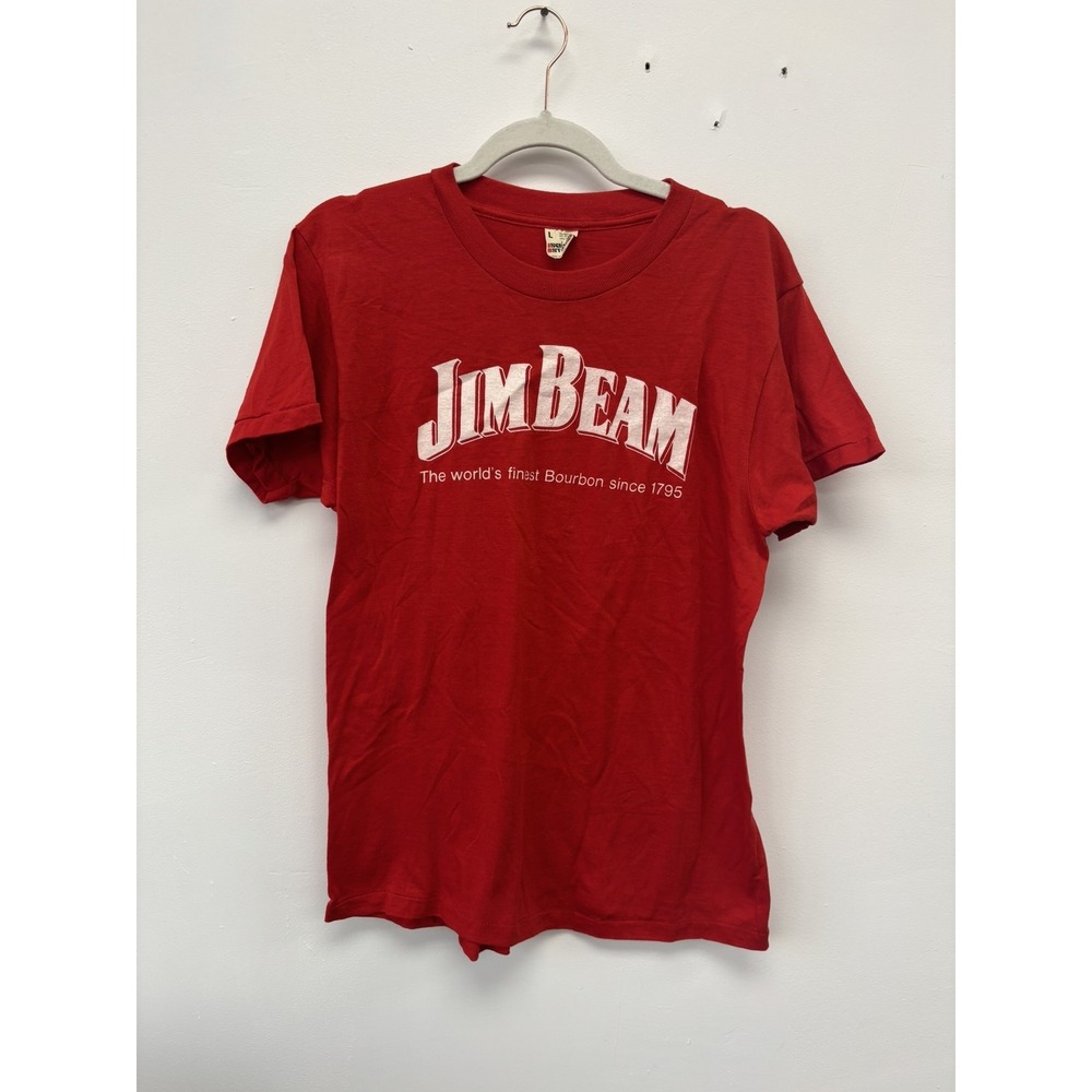 Vintage Jim Beam Shirt MensMedium Red‎ Bourbon Whiskey Promo Tee Graphic 80s 90s